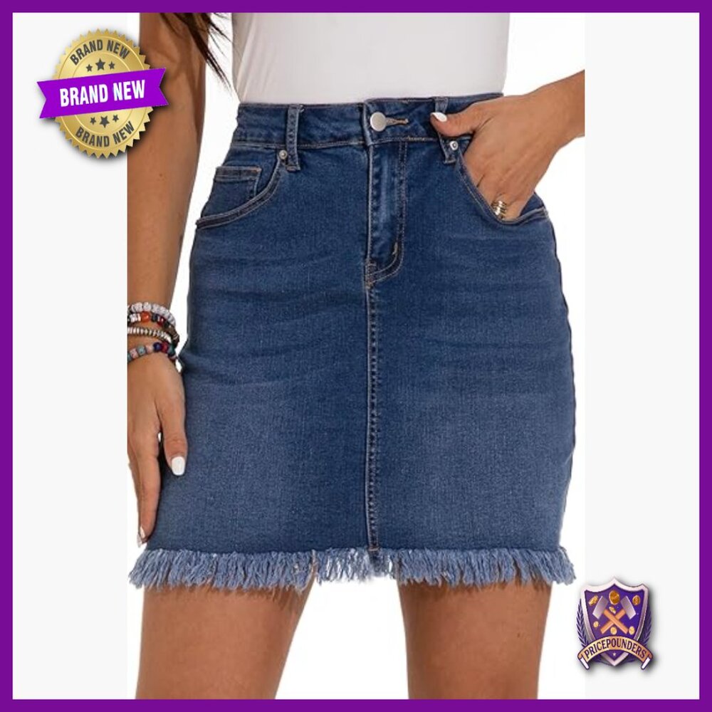 Stretch Denim Mini Skirt High Waisted Bodycon Raw Hem Casual